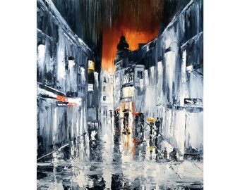 Ville abstraite peinture à l’huile originale paysage urbain sous la pluie peinture photo ville urbaine décor Art