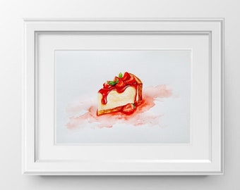 Kuchen Gemälde Aquarell Original Kunst Stillleben Essen Küchen Wand Dekor Essen Stück Torte Malerei