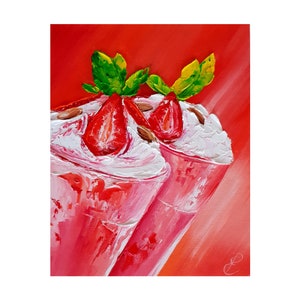 Strawberries Dessert Painting Original Oil Art Food Still Life Small Kitchen Decor by PlekhovaArt