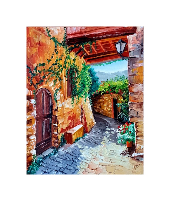 Tuscany landscape. Italian city Impasto oil painting. Palette