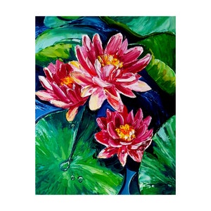 Lotus Flower Painting Oil Original Art Water Lily Impasto Flower Wall Art Pond Painting