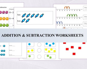 21 Hojas de trabajo imprimibles de actividad matemática de suma, resta y desigualdad. Primeros años - 5to grado. Tamaños A4 y A5