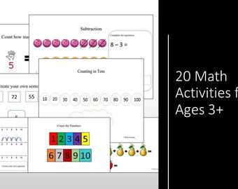 20 hojas de trabajo imprimibles para actividades matemáticas de suma, resta, valor posicional, medida de tiempo, secuencia de formas. Primeros años - 5to grado. Tamaños A4 y A5