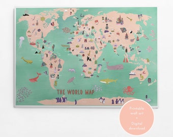 Arte da parete mappa del mondo, arte da parete mappa, mappa del mondo colorata per bambini, mappa politica del mondo, arte della mappa, mappa del mondo stampabile, mappa del mondo per bambini