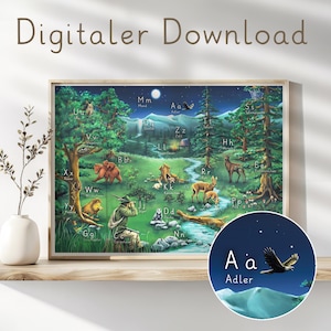 Póster ABC, descarga digital, animales del bosque de la A a la Z