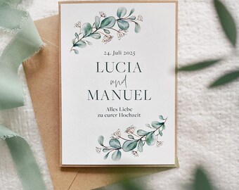 Personalized wedding card with names and date – Eucalyptus