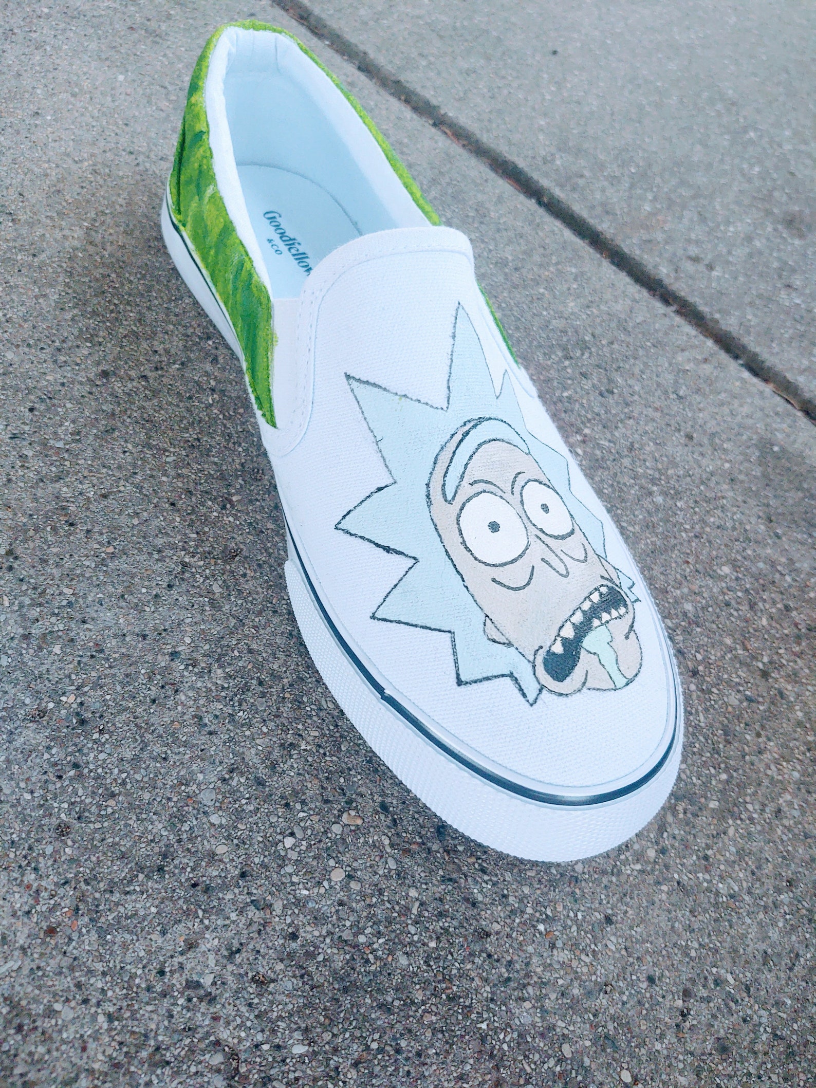 Hand painted unisex shoe of Rick and Morty. Custom made to Etsy