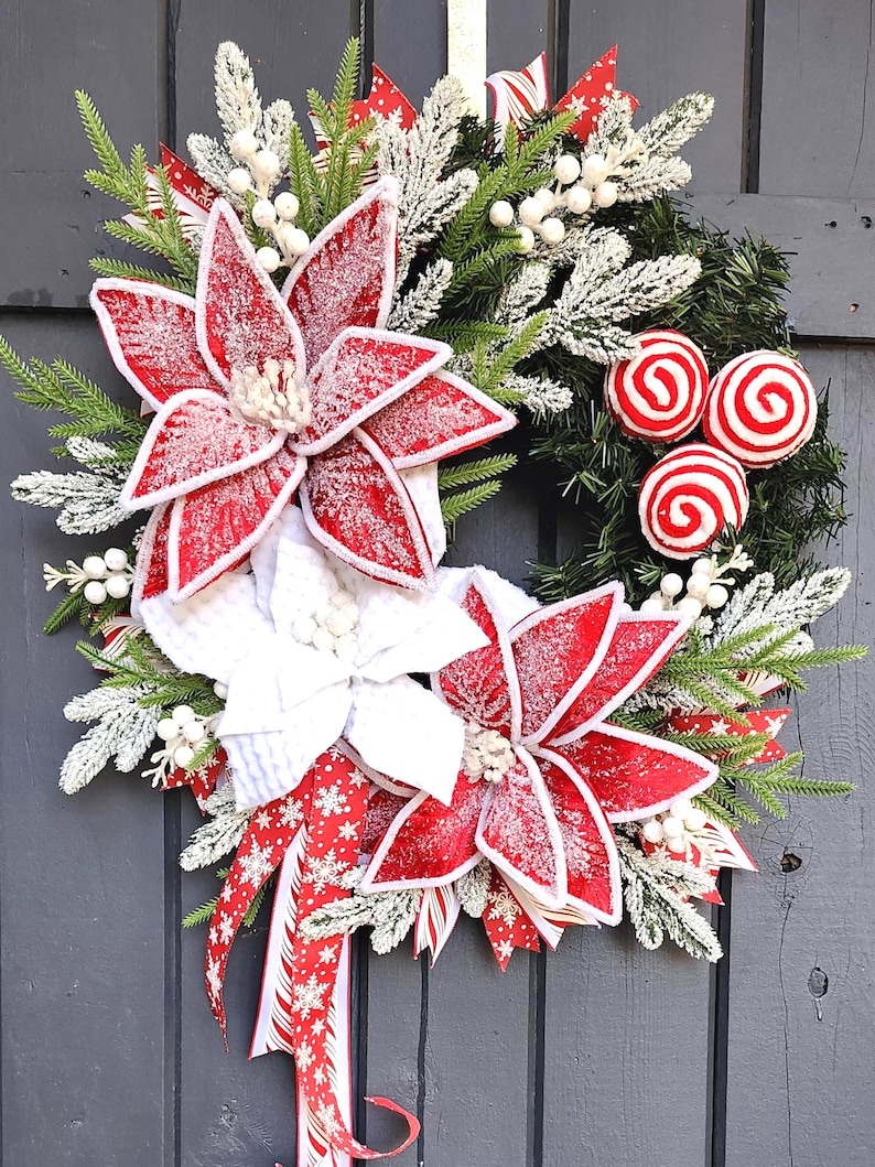 Frosted Poinsettia Christmas Wreath, Red and White Holiday Decor - Etsy