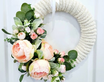 Spring Wreath | Yarn Wreath | Peonies | Front Door Decor | All Season Front Door Decor | Spring Flower Wreath | Summer Wreath