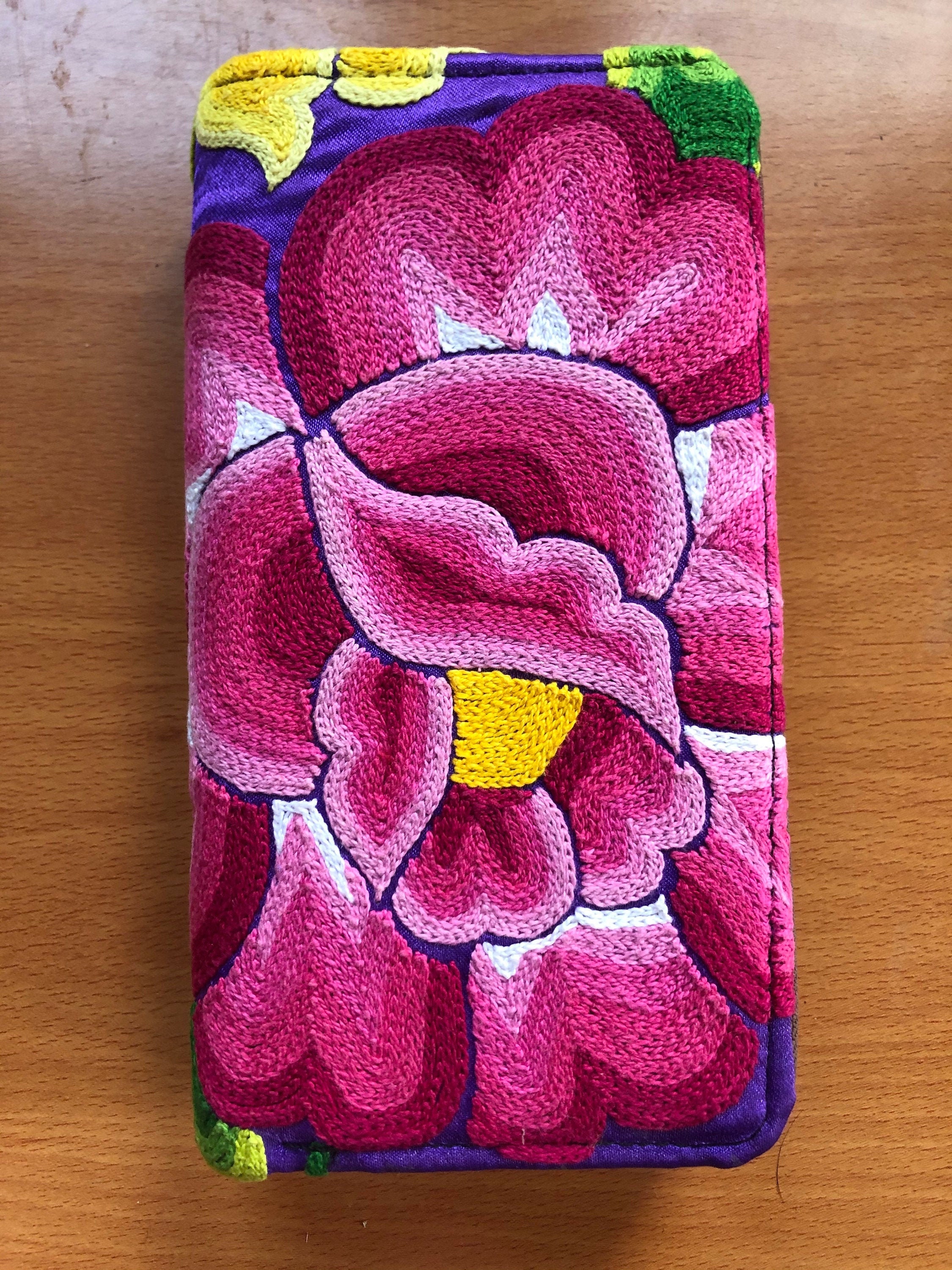 Handmade Embroidered Wallet with Pink and Purple Marigold Etsy