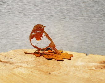 Rusty Metal Robin-Steel Garden Decor- Post Topper- Robin on Oak Leaf