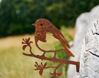Rustic Metal Robin on branch- Garden Gift Decor- Rusty Bird Sculpture- Robin Steel Art