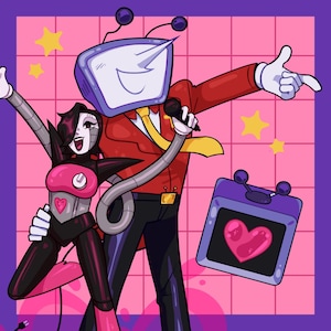 Könnte beinhalten: Digitale Illustration von zwei Zeichentrickfiguren. Eine Figur hat einen Fernseh-Kopf und trägt eine rote Jacke, die andere ist roboterartig. Ein lila Gerät mit einem Herz ist ebenfalls vorhanden, vor einem rosa Hintergrund.