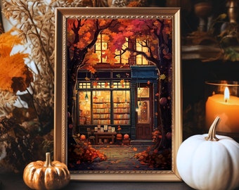 Fall Bookstore Wall Art, Autumn Print, Library Decor, Halloween Bookshelf Decor, Bookish Gift for Book Lover, Bookstagram Autumn Art