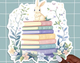 Cottagecore Spring Bunny Sticker, Bookshelf Sticker, Book Sticker, Bookish Sticker, Reading Sticker, Library Sticker, Gift for Book Lover