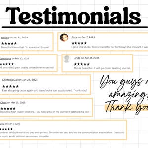 May include: Image featuring customer testimonials with the word "Testimonials" in large, bold, black font at the top. The testimonials are in light yellow boxes with customer names, dates, and star ratings. The text "You guys are amazing! Thank You!" is written in a script font.
