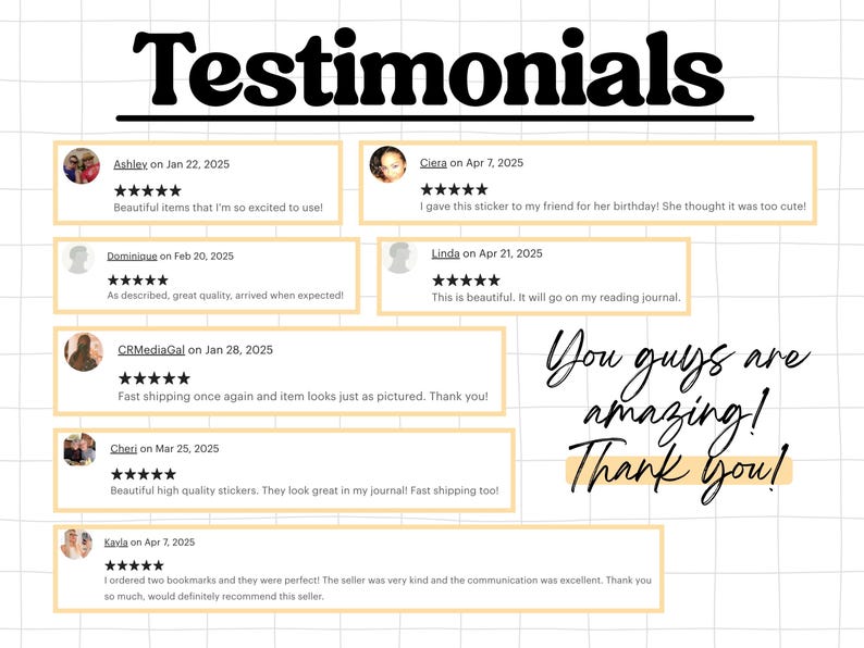 May include: Image featuring customer testimonials with the word "Testimonials" in large, bold, black font at the top. The testimonials are in light yellow boxes with customer names, dates, and star ratings. The text "You guys are amazing! Thank You!" is written in a script font.
