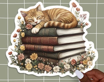 Cat Sleeping on Books Sticker, Cat Sticker, Waterproof Vinyl Laptop Sticker, Bookish Stickers, Gift for Cat Lover, Cottagecore Bookworm Gift