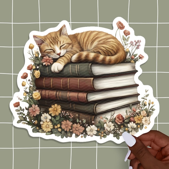 Cat Sleeping on Books Sticker, Cat Sticker, Waterproof Vinyl Laptop Sticker, Bookish Stickers, Gift for Cat Lover, Cottagecore Bookworm Gift