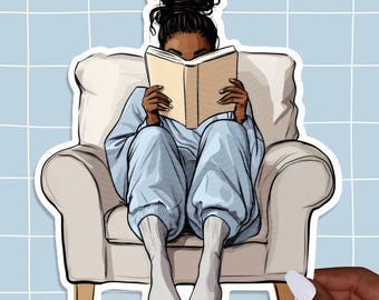 Black Woman Reading Sticker, Book Sticker, Black Girl Book Club, Bookish Sticker, Reading Sticker, Library Sticker, Gift for Book Lover