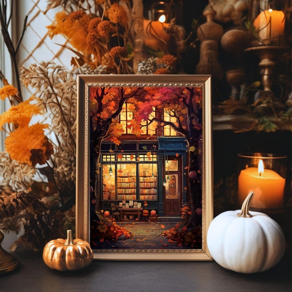 Fall Bookstore Wall Art, Autumn Print, Library Decor, Halloween Bookshelf Decor, Bookish Gift for Book Lover, Bookstagram Autumn Art