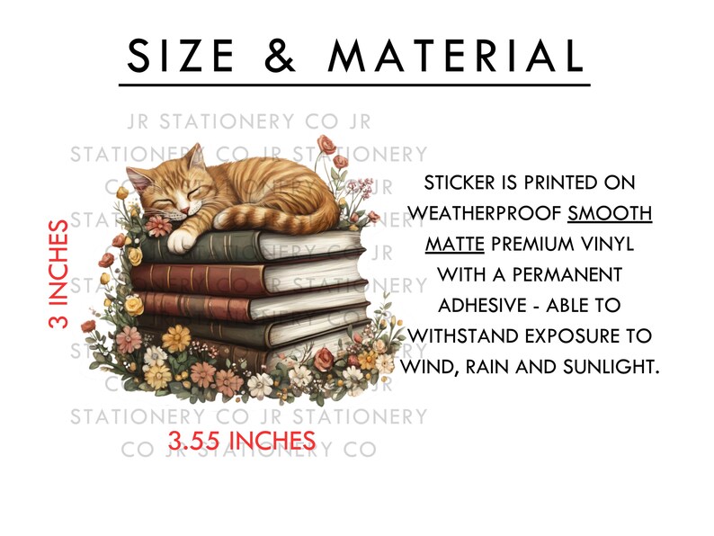 Op de afbeelding: Een sticker van 7,62 cm bij 9,02 cm met een cartoon oranje tabby kat die slaapt op een stapel boeken. De sticker is gedrukt op weerbestendig, glad, mat premium vinyl met een permanente lijm. De sticker kan bestand zijn tegen blootstelling aan wind, regen en zonlicht.