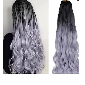 T-Gray (Black -to Gray) Ombre French Curly Braiding Hair 22 Inch Loose Wave Braiding Hair Pre-Stretched Synthetic Hair Extensions.