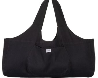 A must for yogis! Trendy black yoga bag: Spacious for yoga, wellness, sauna, sports and the beach. XXL for mats. Made of pure cotton.