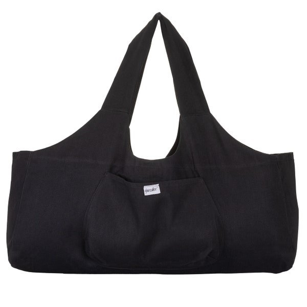 A must for yogis! Trendy black yoga bag: Spacious for yoga, wellness, sauna, sports and the beach. XXL for mats. Made of pure cotton.