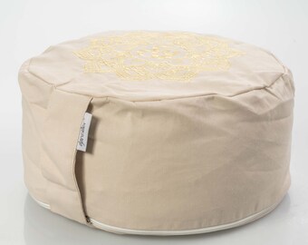 Coussin de yoga Luana - "The Happy One" bâton de fleur de lotus beige - coussin de méditation, coussin de yoga, coussin de yoga rond, méditation, yoga