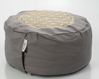 Coussin de yoga Paopao - Un avec la fleur du monde bâton de vie gris - coussin de méditation, coussin de yoga, coussin de yoga rond, méditation, yoga