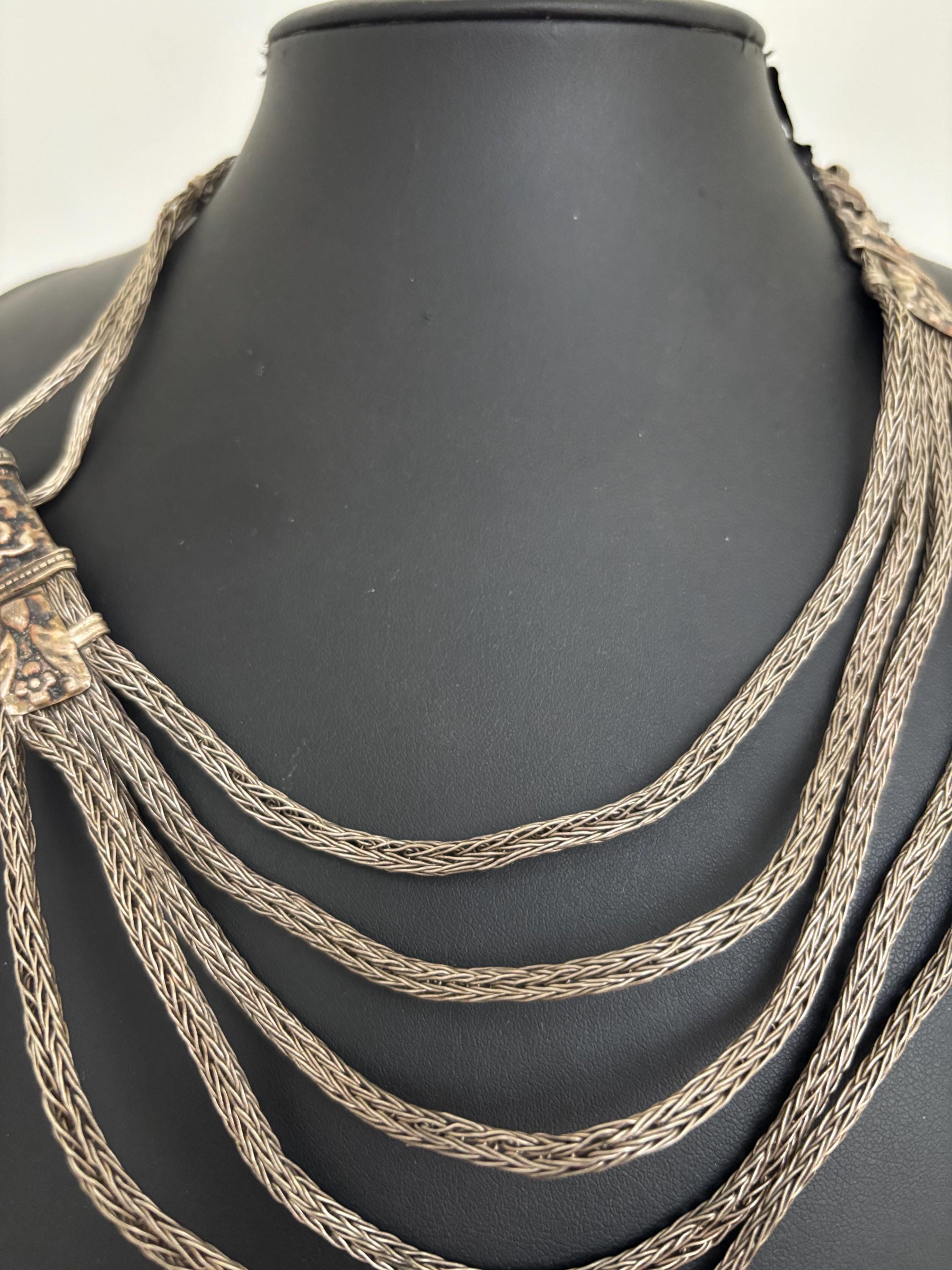 Vintage Indian Silver Multi-Strand Necklace Repoussé Tribal Panels