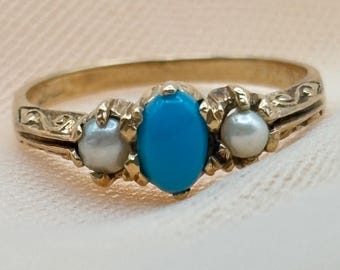 Antique Victorian 9ct Gold Turquoise Seed Pearl Ring, Engraved Shoulders