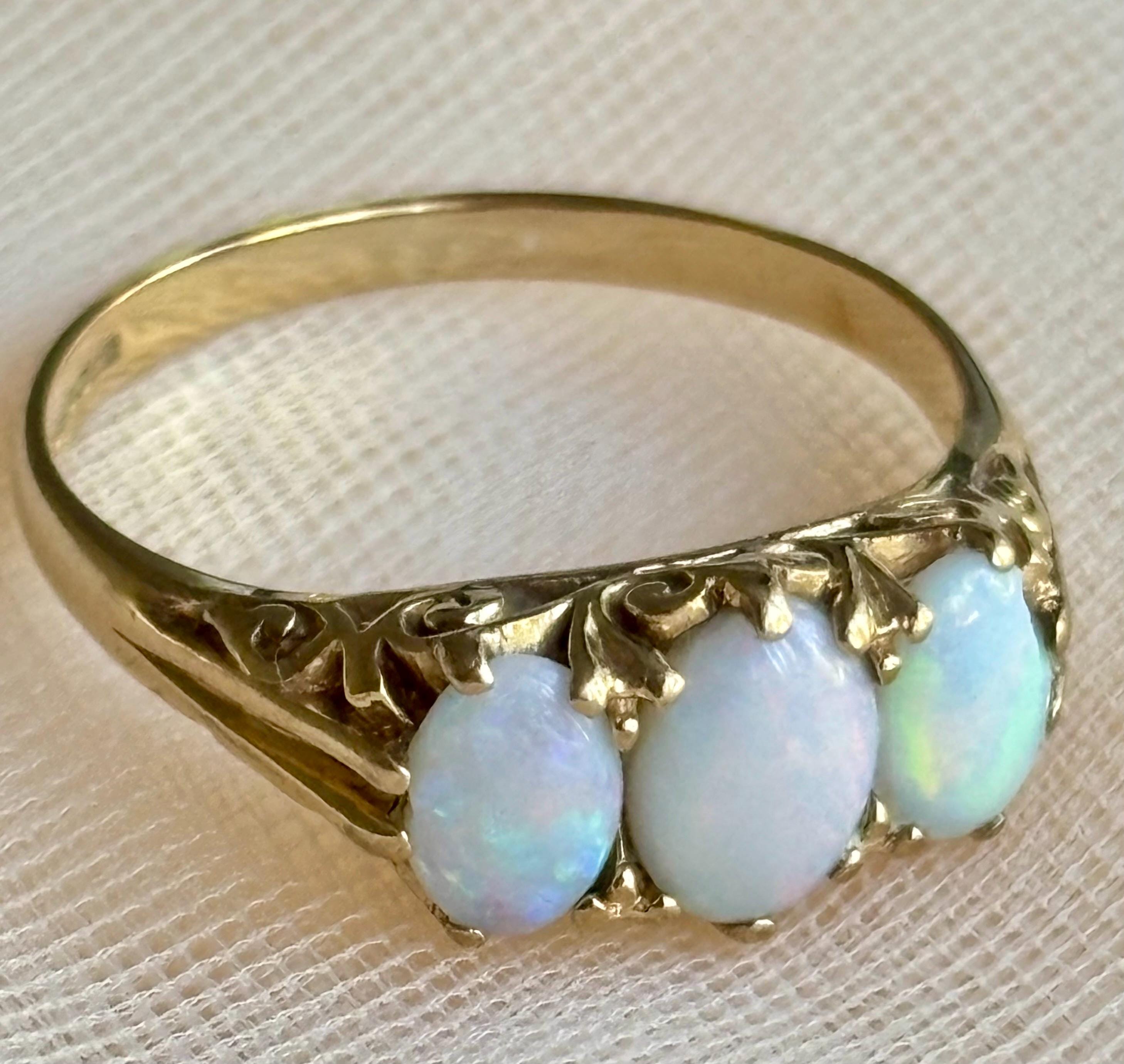 9ct Gold Opal Trilogy Ring, Three Stone Victorian Style Ring, UK Size N