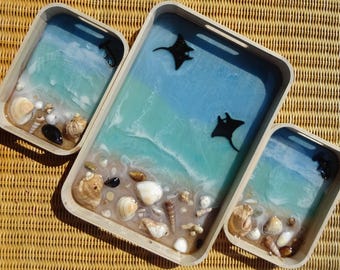 Handmade Elegant  Epoxy Resin Wooden Tray / Ocean Resin Art / Home Deco / Trinket Tray / Decorative Serving, Jewelry, Candle Tray/ Gift Idea