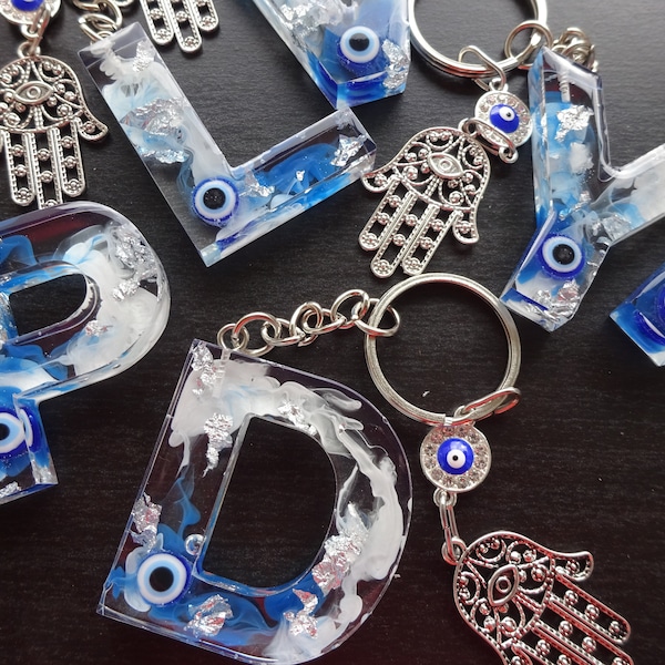 Evil Eye Buchstabe Schlüsselanhänger / Hamsa Schlüsselring / Geschenkideen / Kunsthandwerk / Keychain / Key Ring