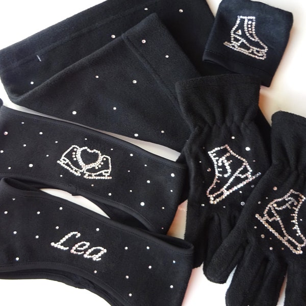 Fleece Winter Sport Handschuhe, Stirnband, Loopschal, Schweißband/ Personalisiert mit Schlittschuhen und Buchstabe - Name für Eiskunstläufer
