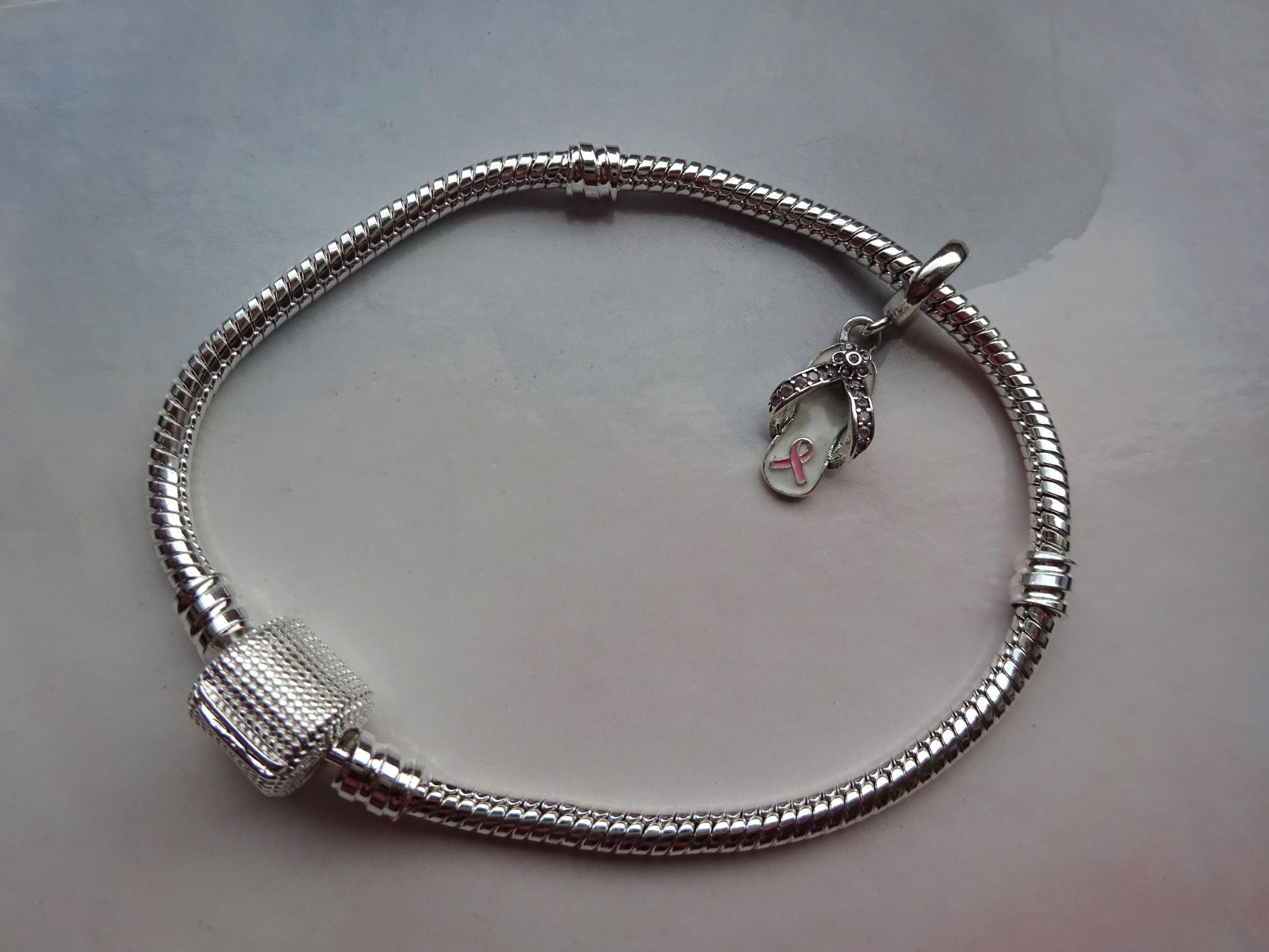 Bracciale A Catena Di Grano Con Ciondolo Nastro Rosa - Simbolo Lotta Al Cancro Al Seno E Anti-Violenza - Lega Anallergica - 2