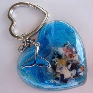 Epoxy Resin Blue Heart Keychain with natural sea shells / Ocean motif Keyring / Marine life keychain / Sea shell keyring / Gift Idea