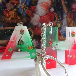 Epoxy Resin Initial Letter Keychain &quot;Christmas wish&quot; / Key Ring