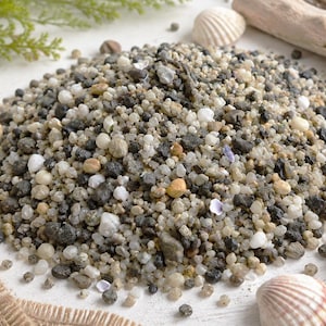 Könnte beinhalten: Ein Haufen grober Strandsand, bestehend aus einer Mischung aus kleinen, mehrfarbigen Kieselsteinen, dunkelgrauen Vulkankörnern, durchscheinenden quarzähnlichen Partikeln und winzigen weißen Muschelfragmenten, angeordnet als runder Hügel.