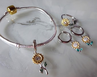 Sunflower Set  jewelry - bracelet, ring and earrings / Set of 3 pieces 925 Sterling silver / Gift ideas