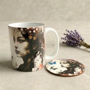 Vintage Woman Blue Butterfly Mug & Coaster Set, Cottagecore Gift for Her, Shabby Chic ,Vintage Home Decor, Butterfly Coaster