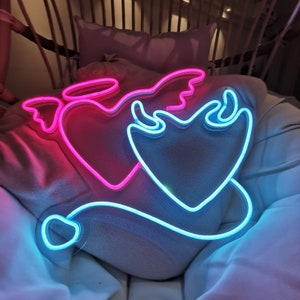 Angel and Devil Neon Sign - Wedding Custom Neon Sign, Angel and Demon, Led Neon Light, Heart Neon Sign, Wall Decor, Valentine's Day Gift