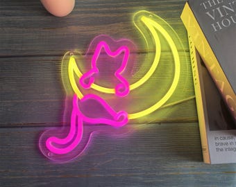 Cat Moon Neon Sign,Funny Cat Wall Art,Cute Cat Led Sign,Cat Moon Star,Kawaii Cat Wall Art Kawaii Room Decor,Girl Game Room Decor,kid gift