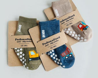 Chaussettes personnalisées pour enfants avec prénom, chaussettes antidérapantes pour tout-petits, transport, chaussettes personnalisées pour bébé, préscolaire, chaussette antidérapante, marron pour bébé