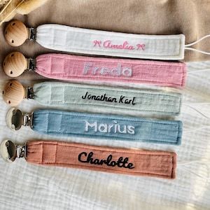 Clip per ciuccio ricamata, portaciuccio in mussola personalizzato, catenella per ciuccio leggera, cinturino in cotone per neonati, portaciuccio per neonati