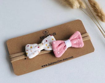 Organic Muslin Girl hair bow Baby girl hair clip Small Baby Bow for infant Handmade Hair accessory baby gift set Soft Nylon Headband Bow