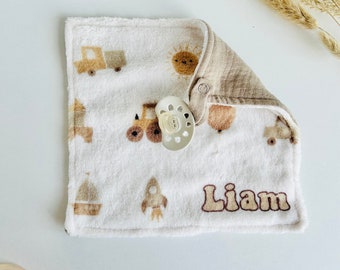 Personalisierte Baby Lovey für Neugeborene Schnullerhalter Decke mit individuellem Namen Binky Tröster halter Tuch für Baby Schnuller Lovey Auto LKW