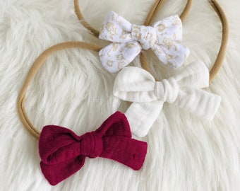 Baby Girl Hair Bow Set of 3 Muslin Bow Headband Soft Gauze Hair Bow Set Baptism Bow Newborn  Cotton Bow Infant Baptism Hair Accessory Girl